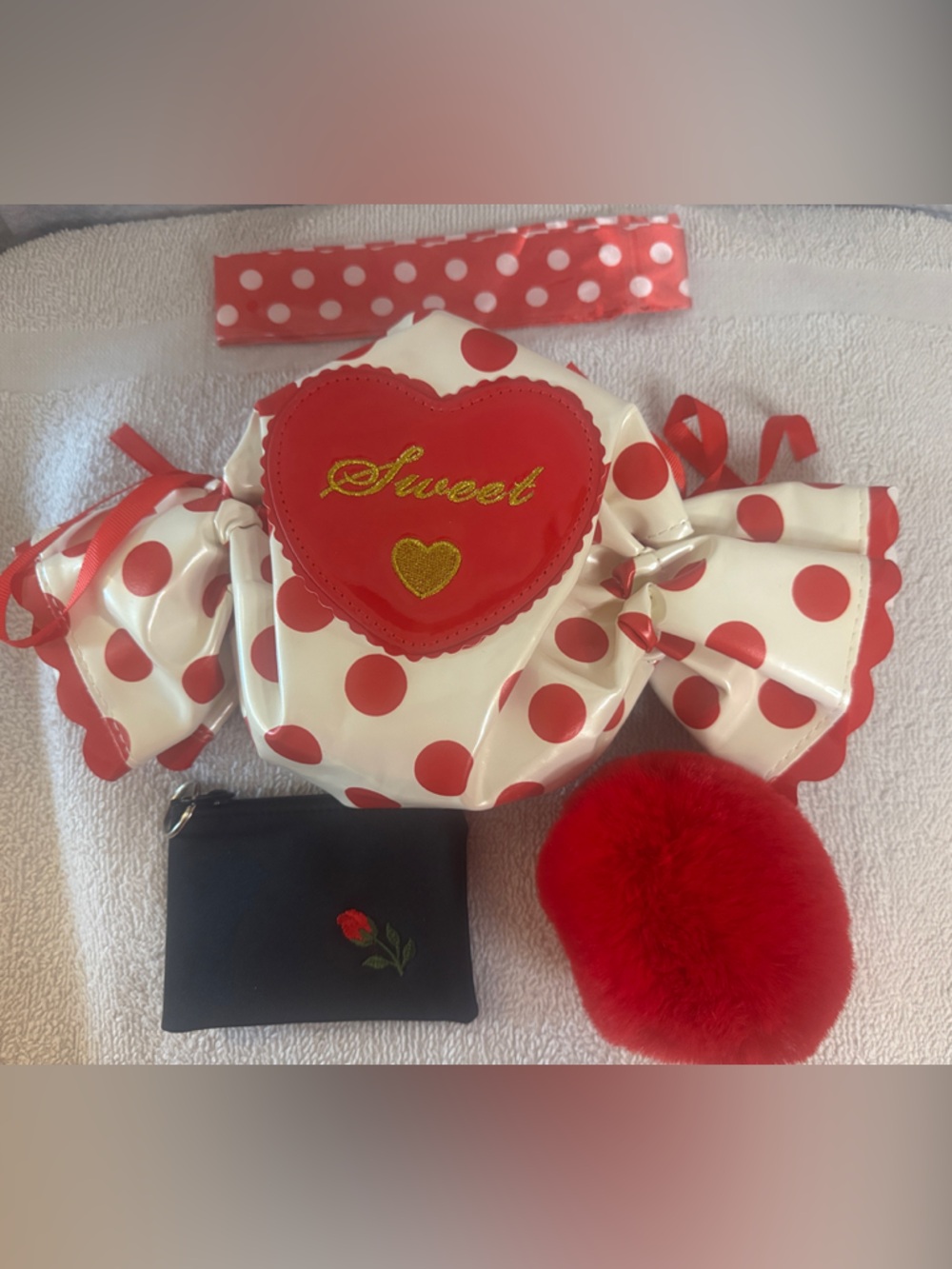 Kids Polka Dot Candy Bag with Red Pom Bag Charm, Black Pouch and Twilly -